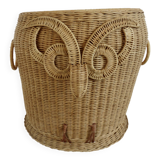 Woven rattan storage basket "owl, chouette" 1970