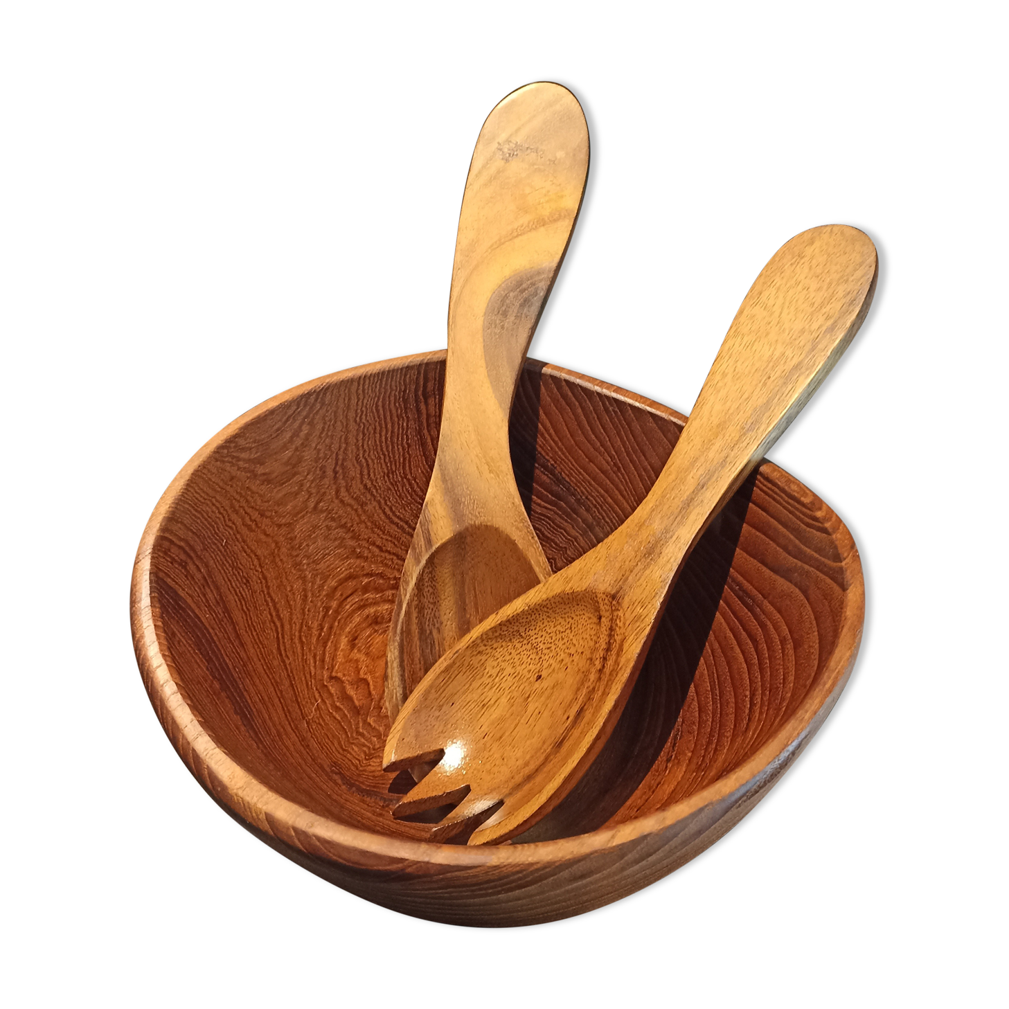 Salad bowl and salad cutlery made of exotic wood