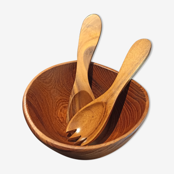 Salad bowl and salad cutlery made of exotic wood