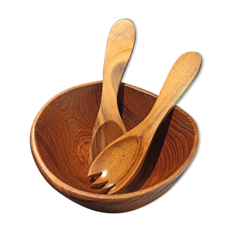 Salad bowl and salad cutlery made of exotic wood