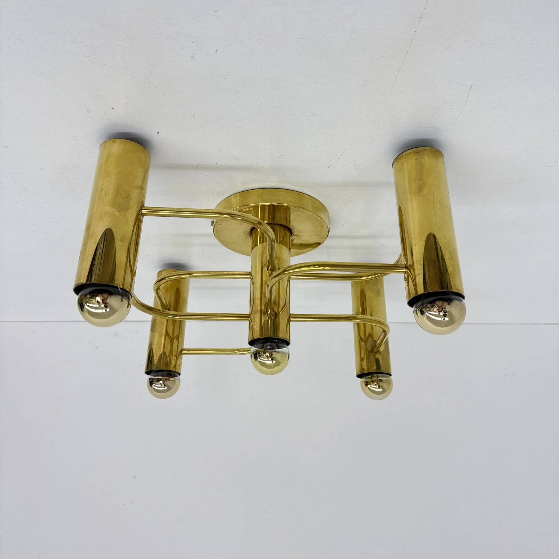 Vintage mid-century modern brass ceiling lamp Leola flushmount by Sciolari, Germany, 1970s