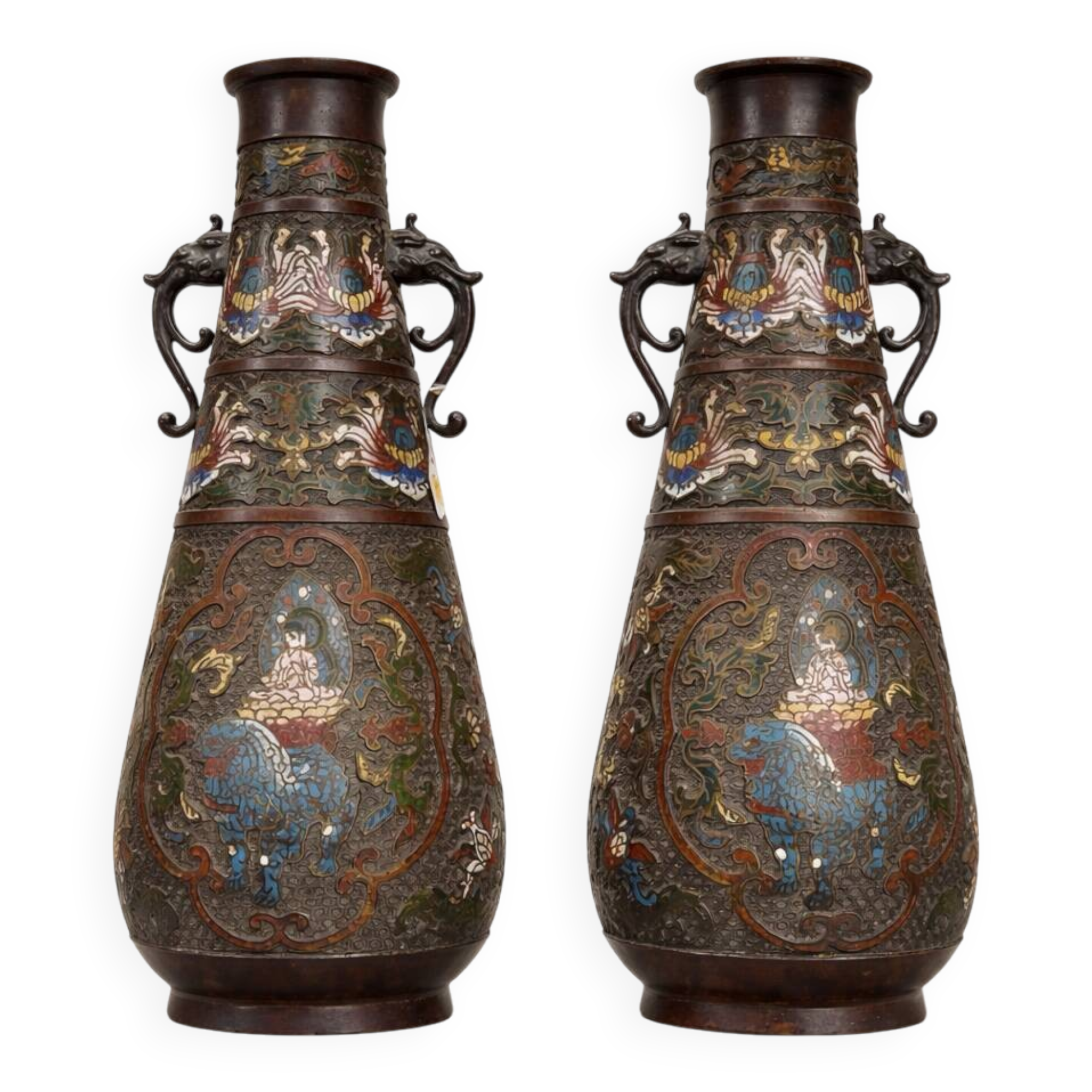 Set de 2 vases chinois anciens en cloisonné. Bronze