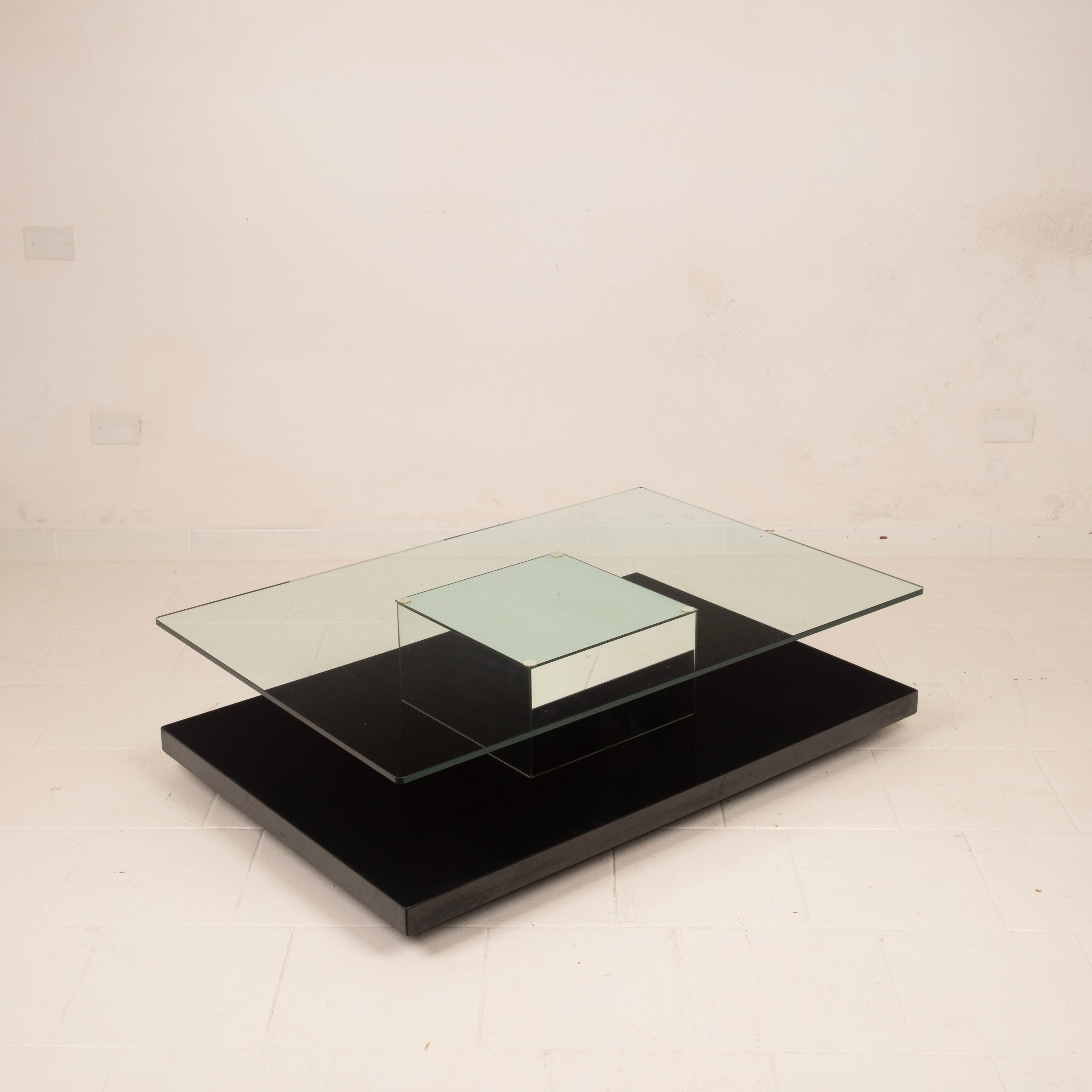 Cidue Mid Century Italian Black Lacquer, Mirror and Glass Coffee Table 1970
