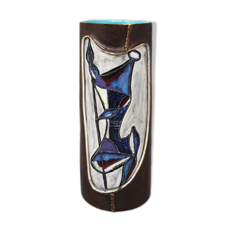 Vase en céramique gainé de cuir Marcello Fantoni des années 1950. Fabriqué en Italie.