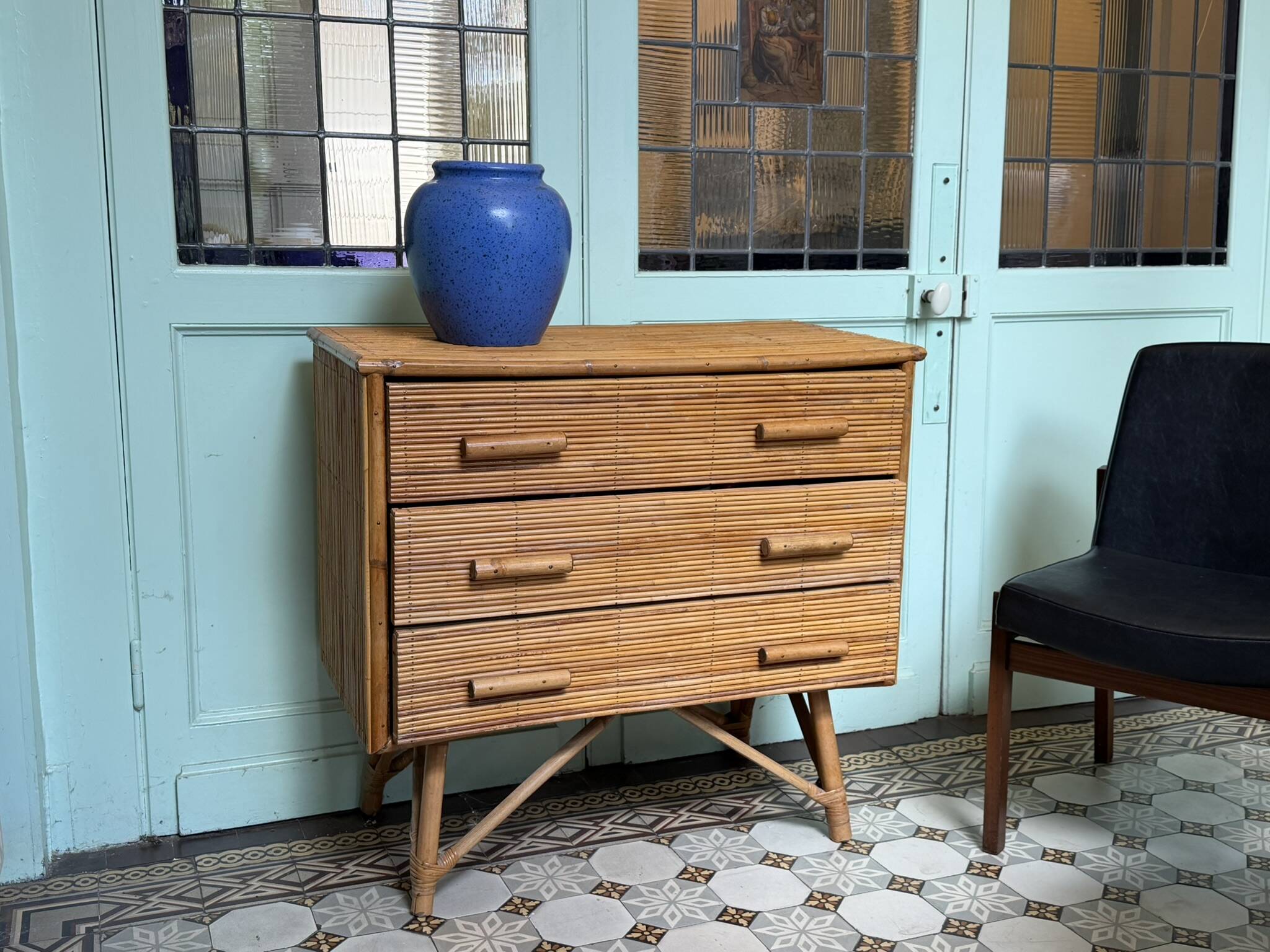 Commode 3 tiroirs bambou/rotin vintage