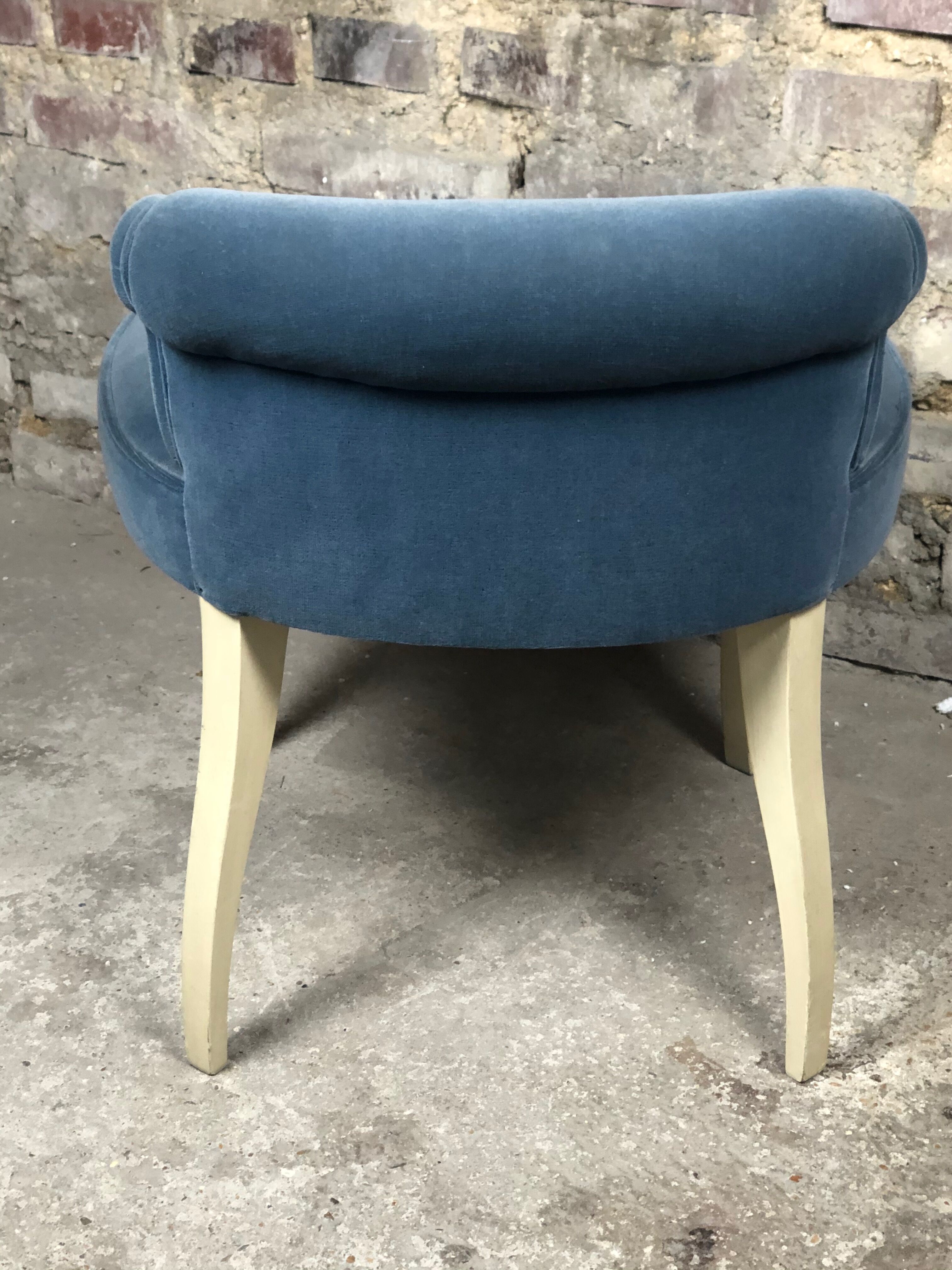 1930 blue velvet hairdresser chair and curved wooden feet