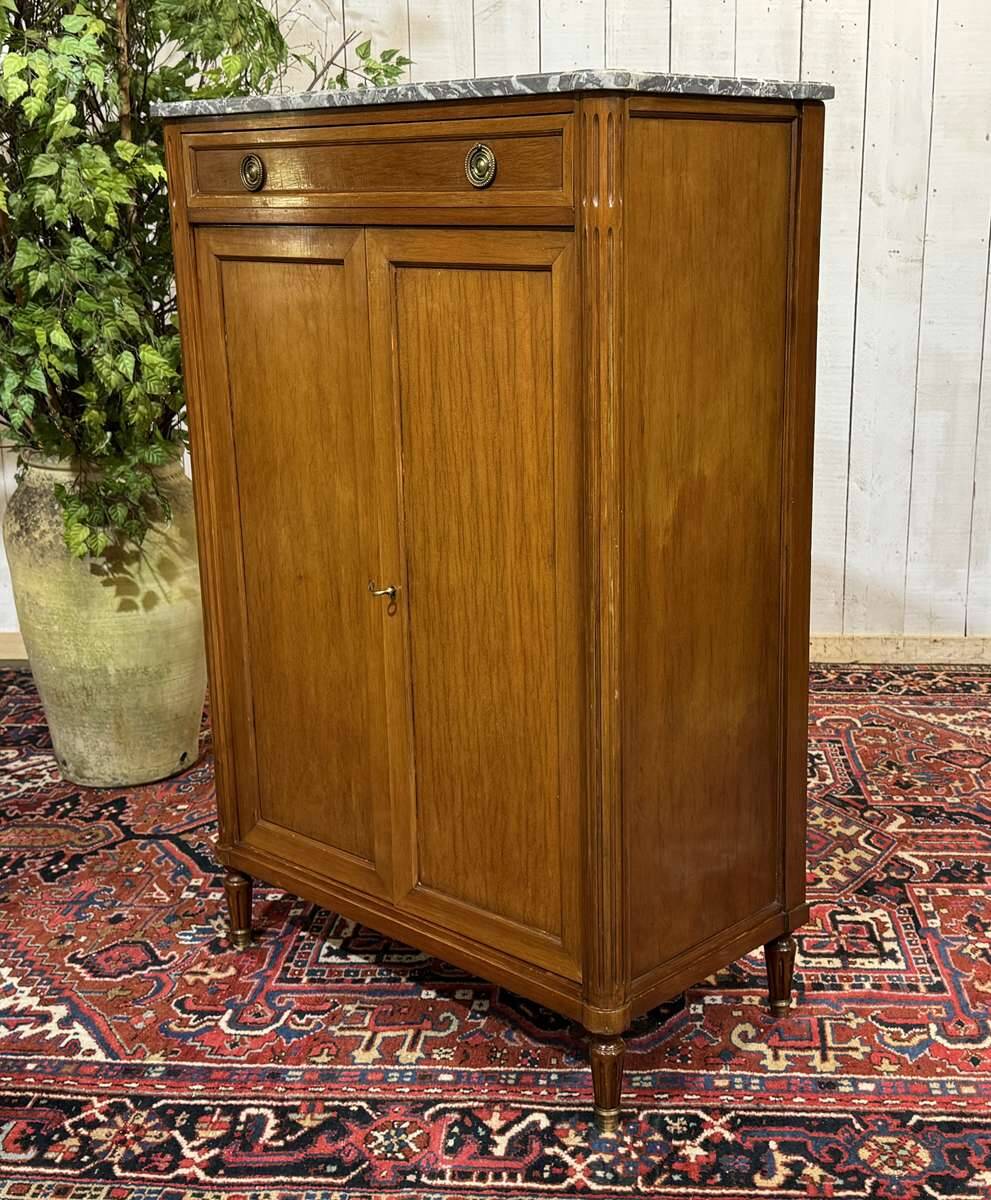 Small Louis XVI style cabinet in mahogany, oak, and marble top.