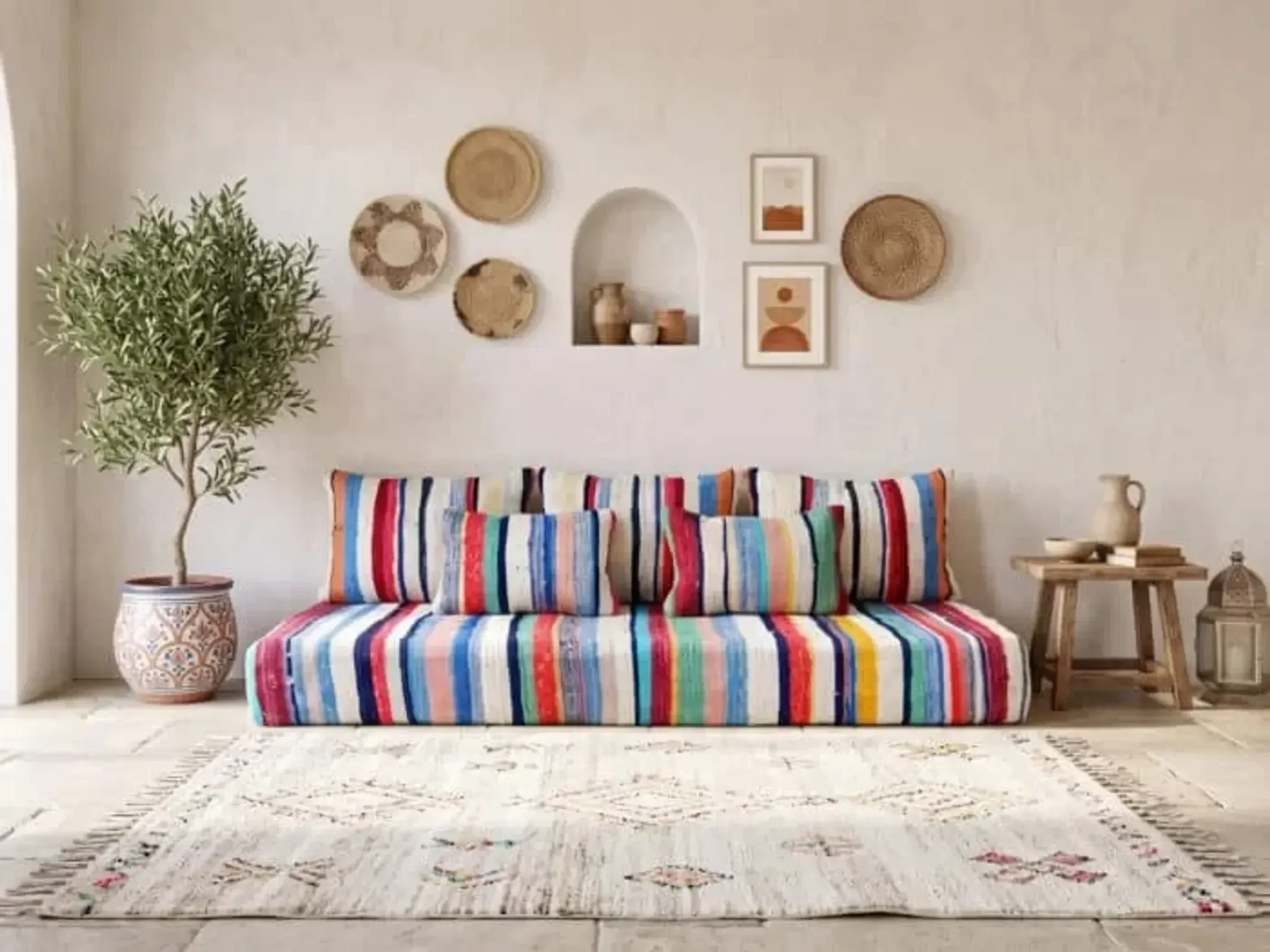 Multicoloured bohemian floor cushion – Handwoven striped recycled cotton