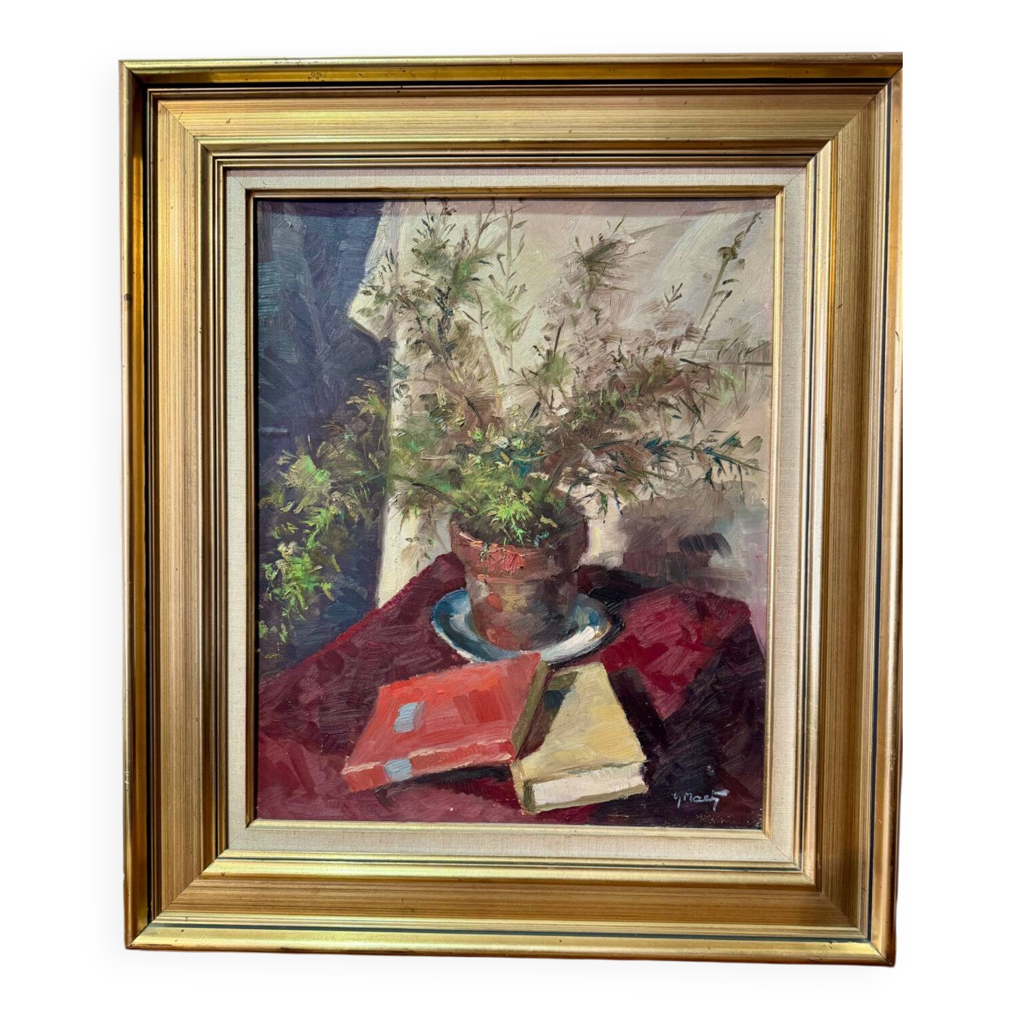 20th century still life painting with books