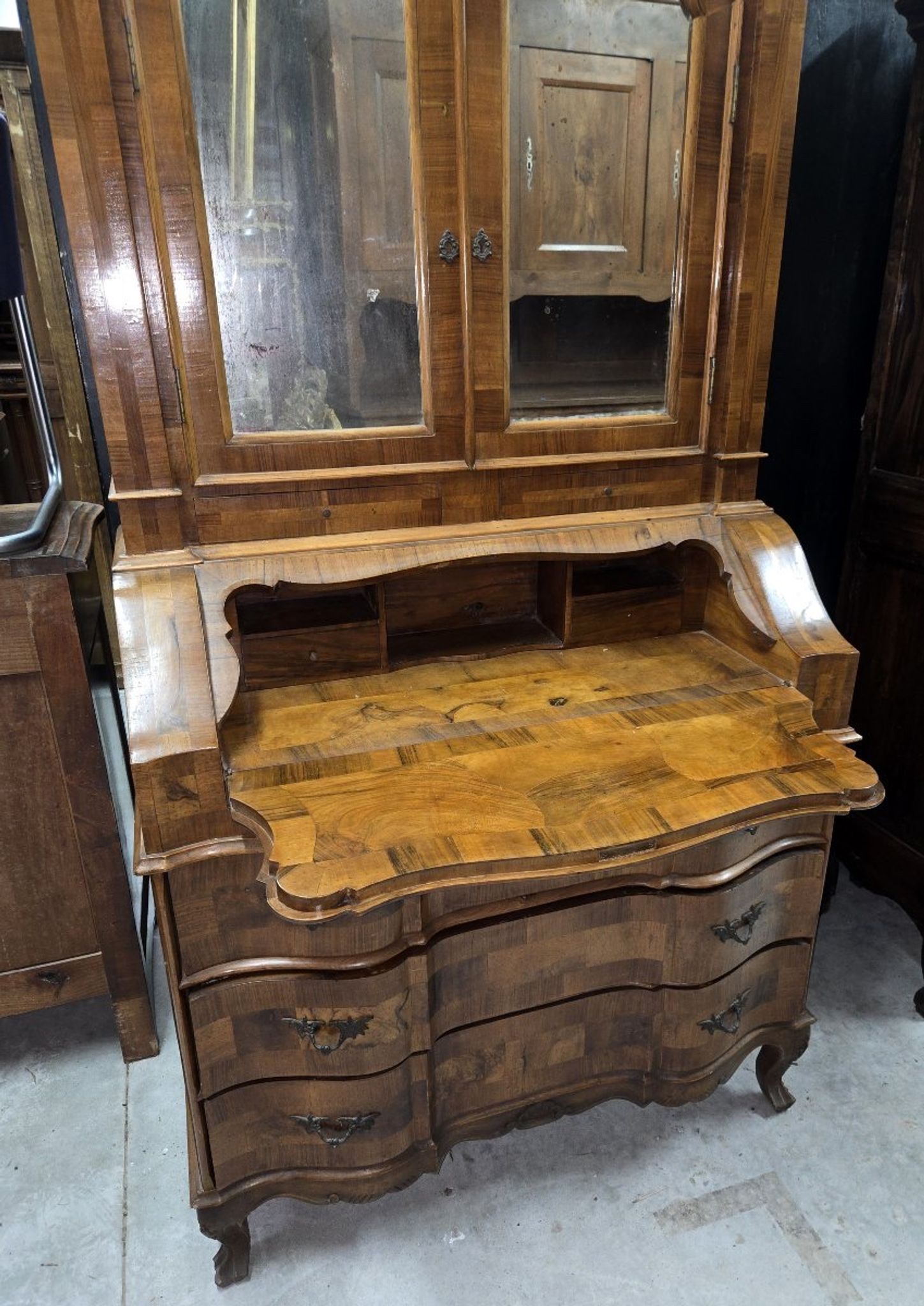 Venetian style Louis XV scriban secretary in marquetry walnut.