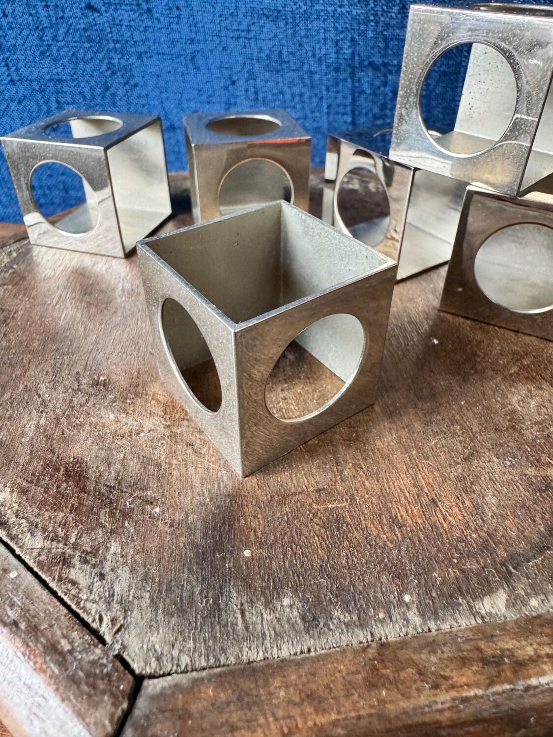 Set of 6 minimalist chrome steel candle holders from the 70s.