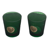 Set of 2 whisky glasses, aperitif, dubonnet, green glass, gold medalist in front, collector