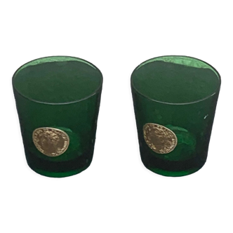 Set of 2 whisky glasses, aperitif, dubonnet, green glass, gold medalist in front, collector