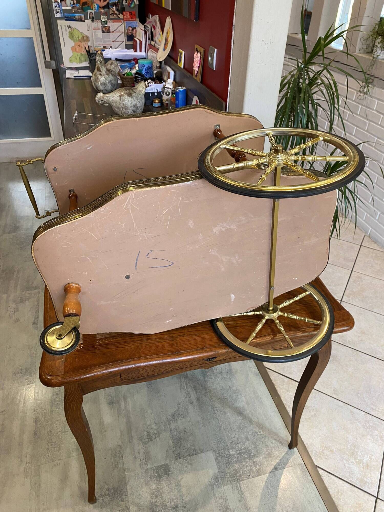 3-wheel serving trolley with 2 shelves, vintage bar marquetry on wheels, 50s