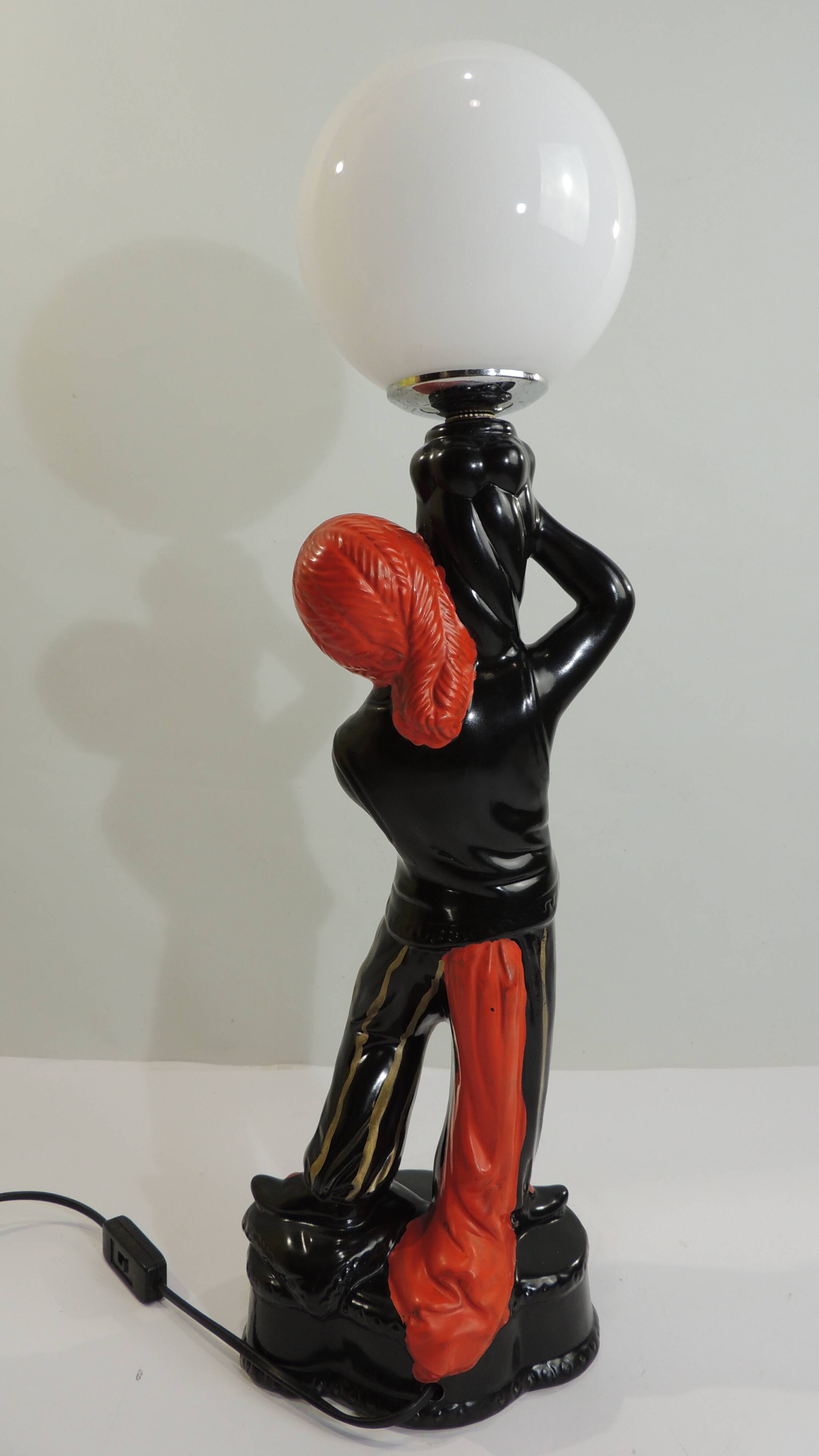 Vintage 1970s statue lamp – Black figurine in Art Deco style, opal ball.