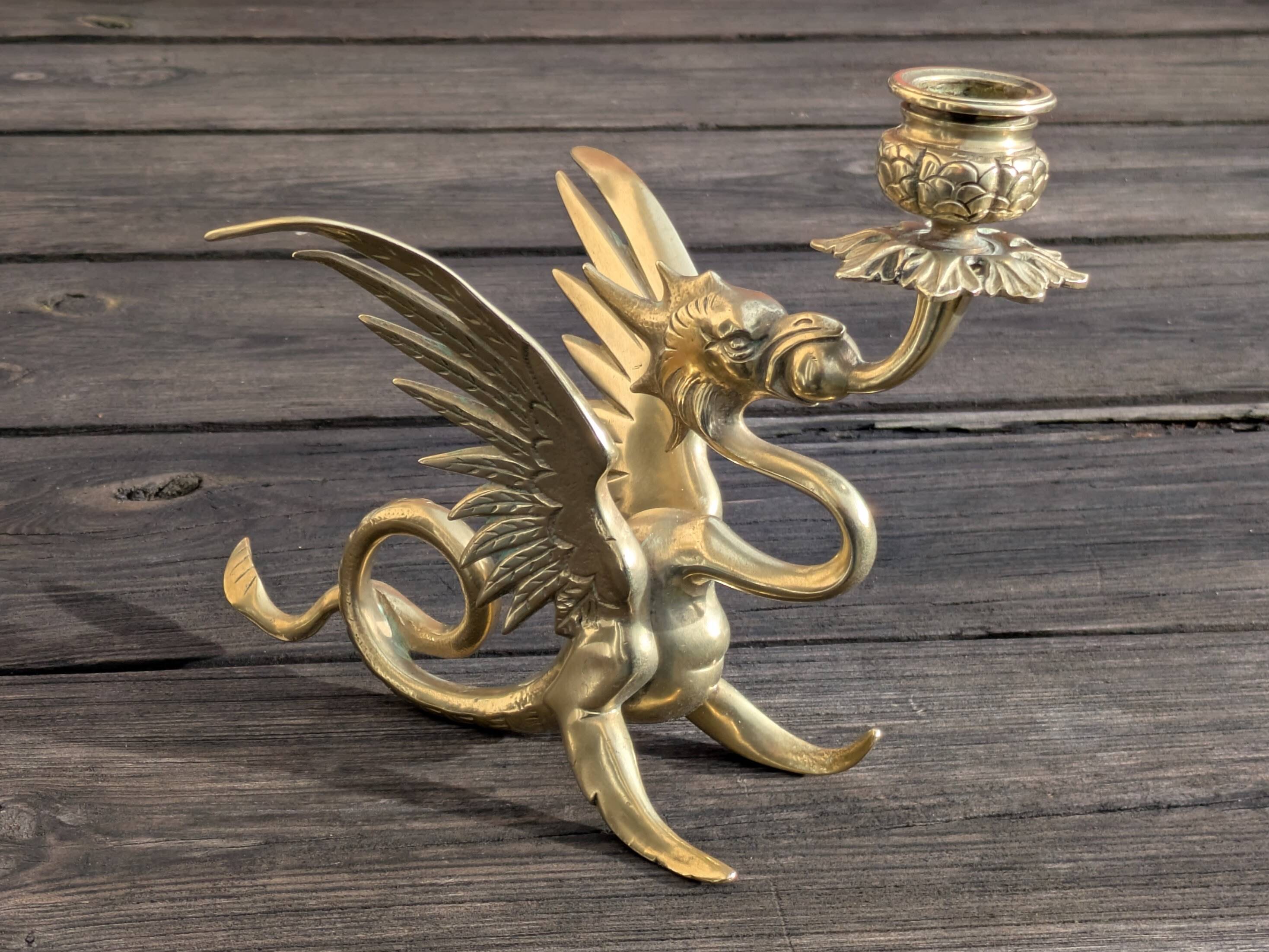 Large Brass Candlestick - Mythological Winged Griffin Dragon - Gothic