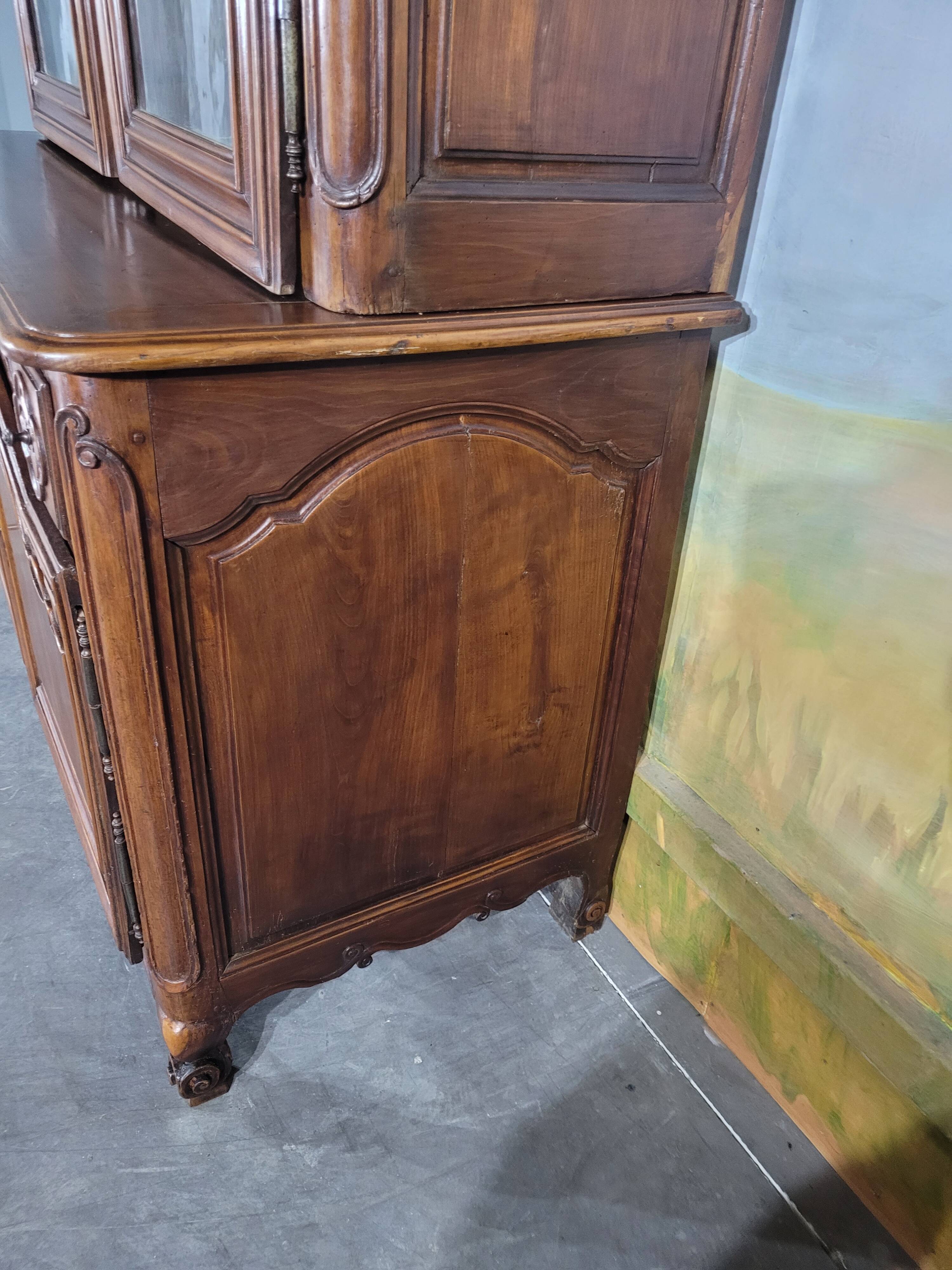 Louis XV period cherry wood sideboard with two glass panels