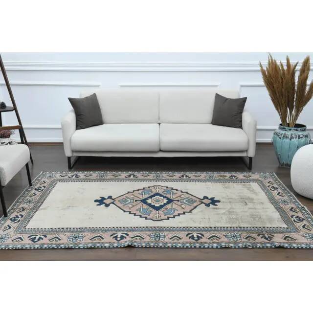1970s Vintage Turkish Handmade Wool & Cotton Beige Area Rug 158x246