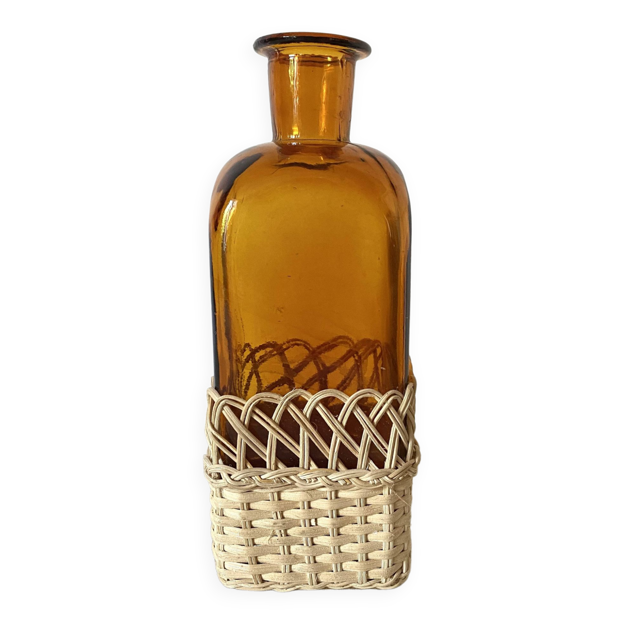 Amber glass and rattan carafe