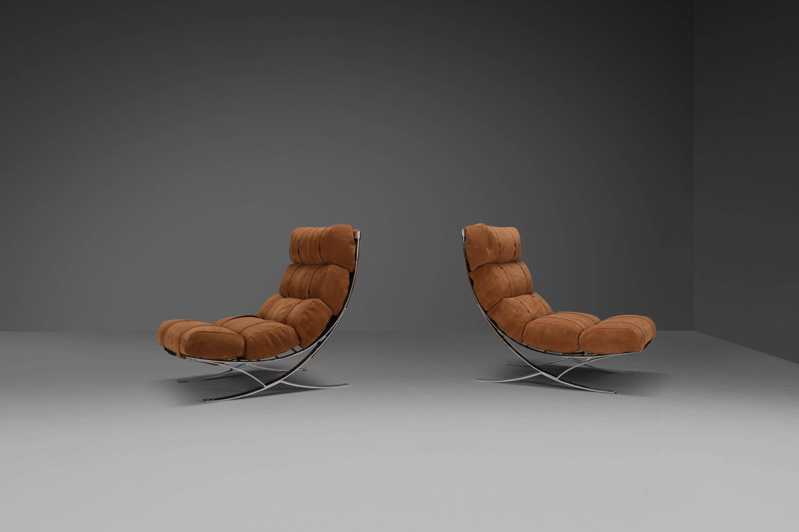 Impressive suede and chrome lounge chairs, France 1970s