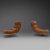 Impressive suede and chrome lounge chairs, France 1970s