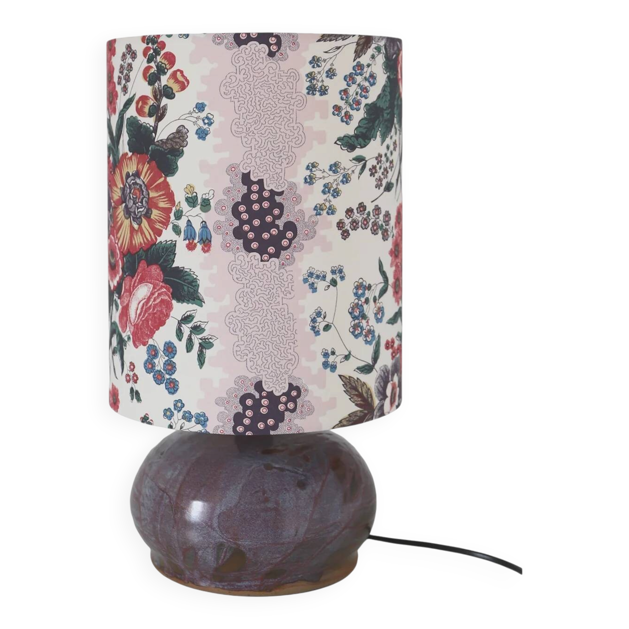 Recycled vintage lamp — handmade plum ceramic and antique floral lampshade
