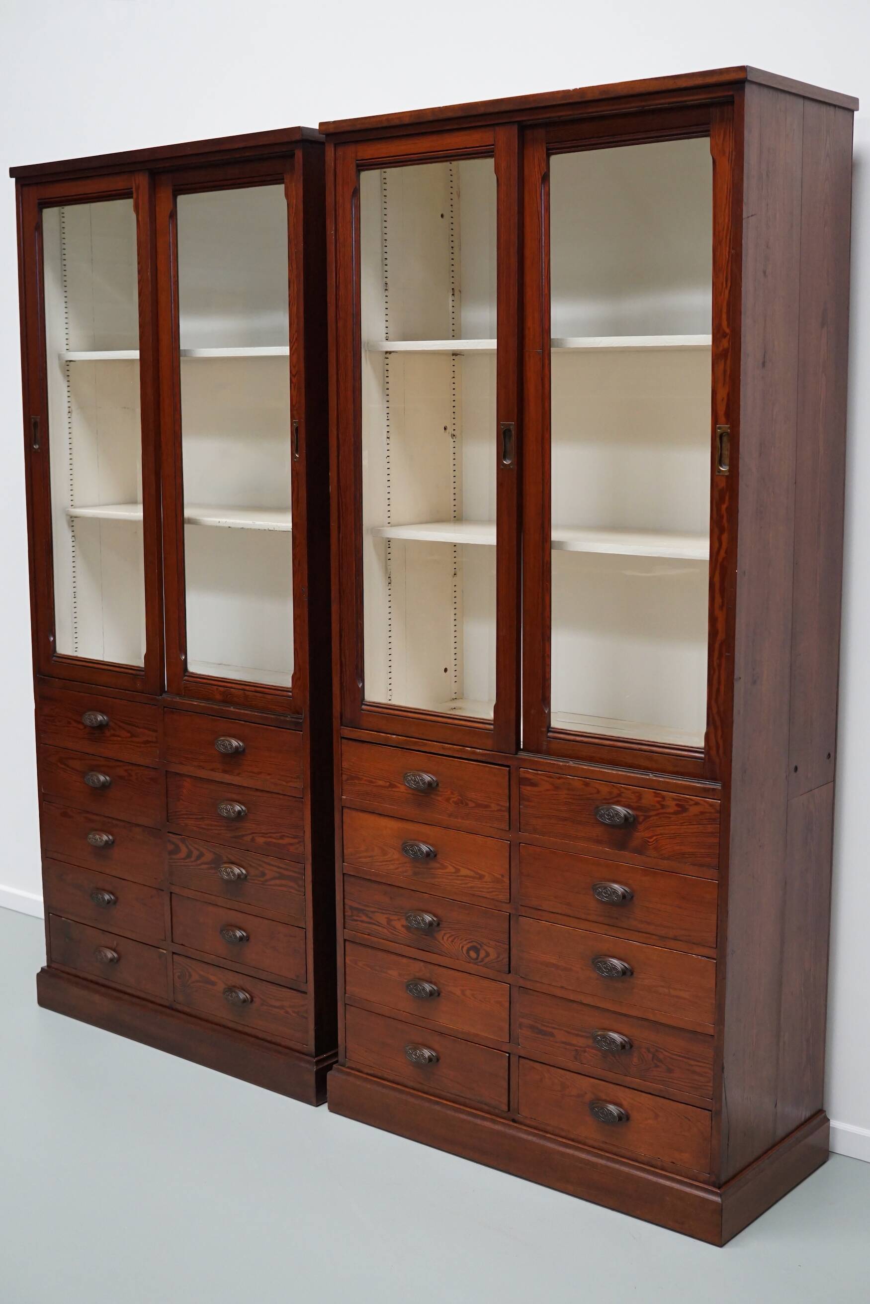 Large Antique Belgian Pitch Pine Apothecary Shop Cabinet / Vitrine, ca 1900