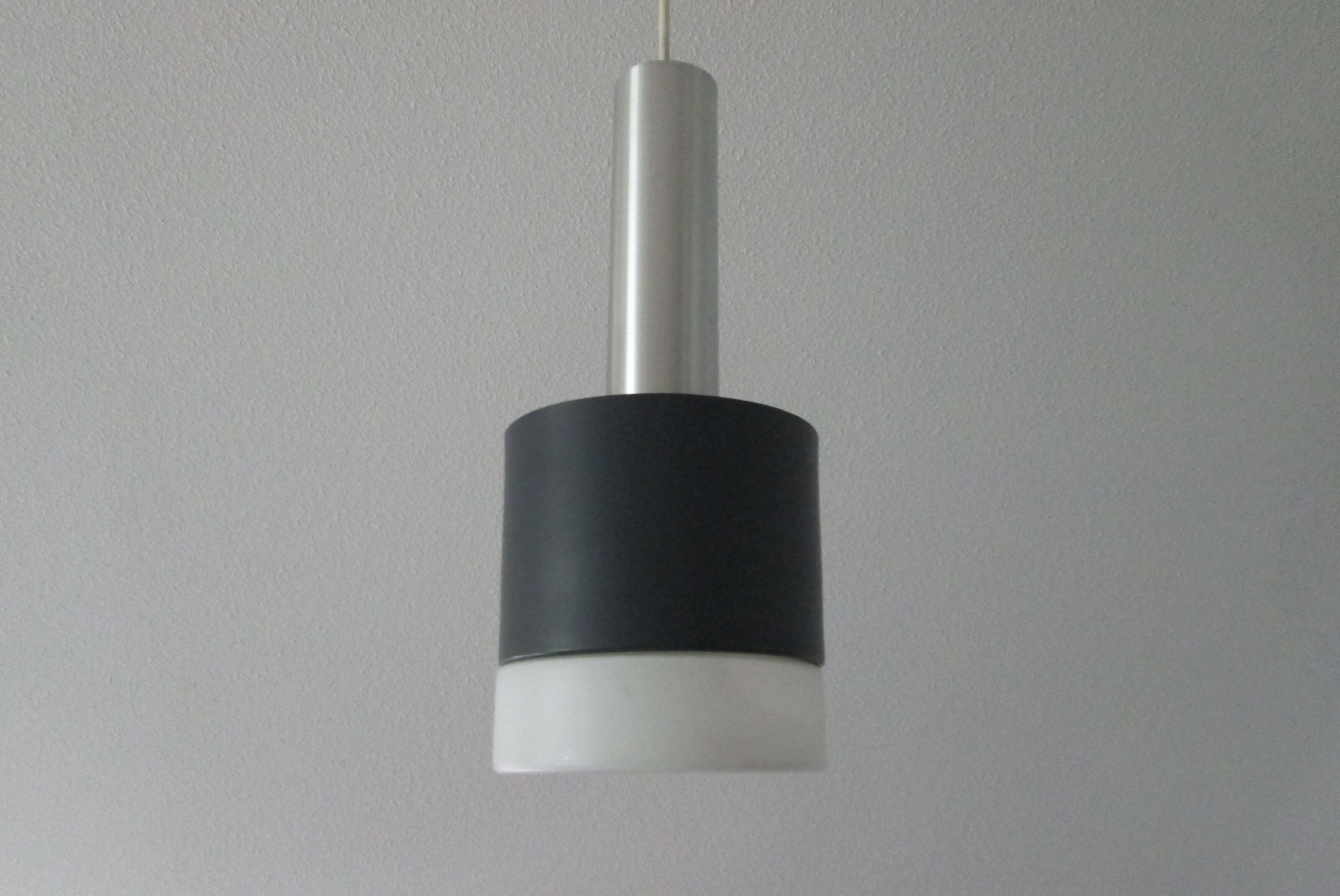 Danish Mid-century vintage hanging ceiling lamp classic lines, white opaline shade