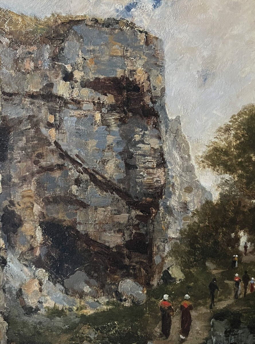 Charles Montlevault (1835-1897) Walkers along a cliff, Oil on canvas signed