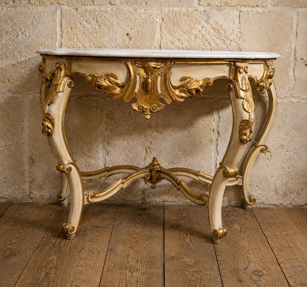 Louis XV style console – Cream and gold lacquered wood – Marble top