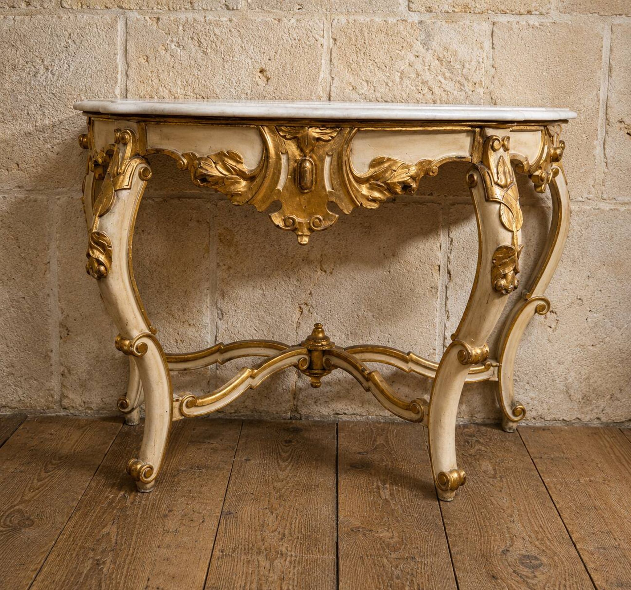 Louis XV style console – Cream and gold lacquered wood – Marble top