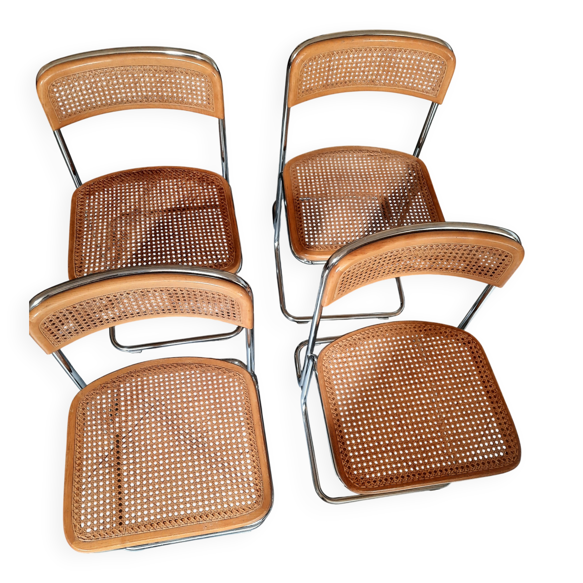 Set of 4 TIVIR chairs in cane and chrome metal.