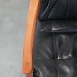 Set of 4 luxury black leather Art Deco dining chairs with armrests