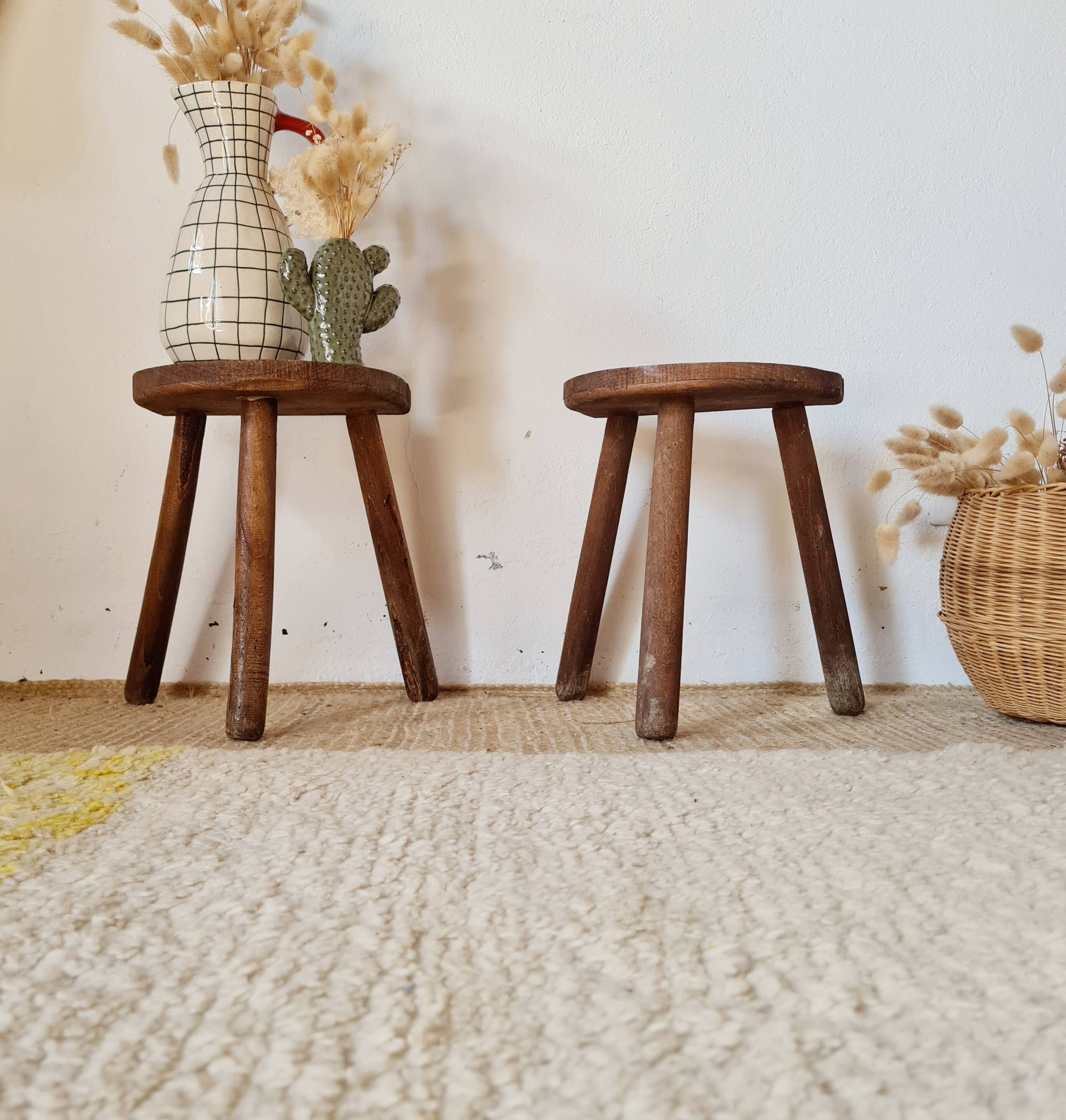 Pair of tripod wooden stools - brutalist look