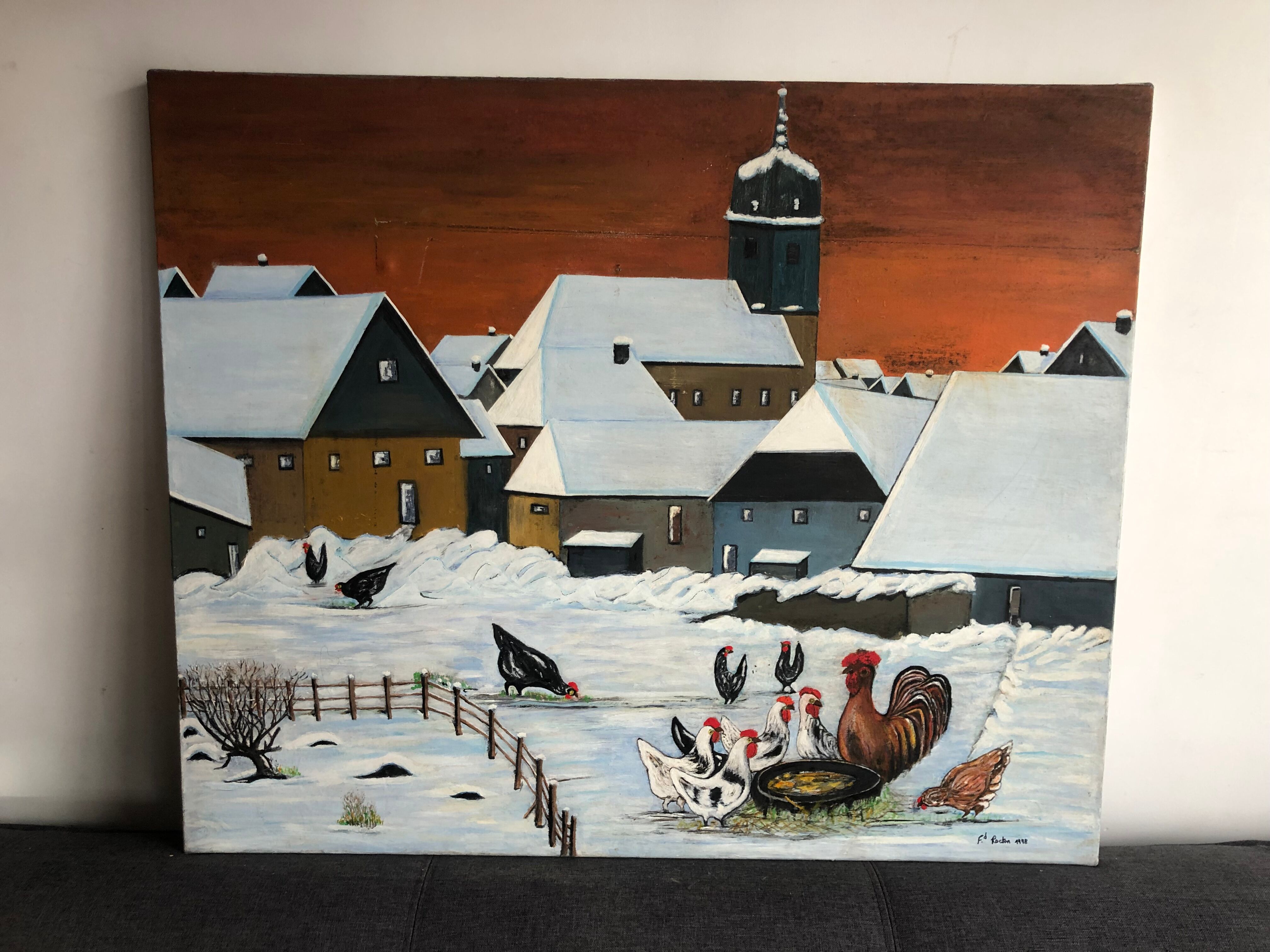 Oil on canvas mountain landscape and snow