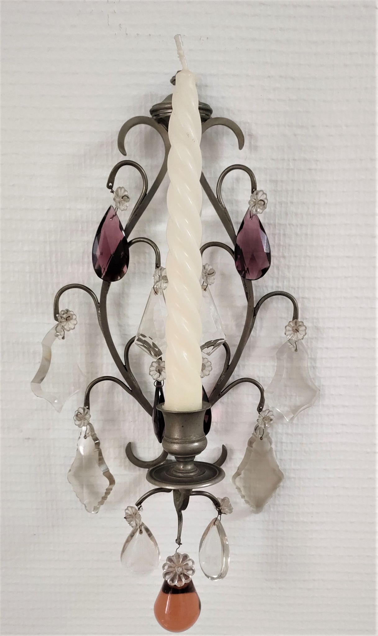 Metal wall candle holder with glass tassels
