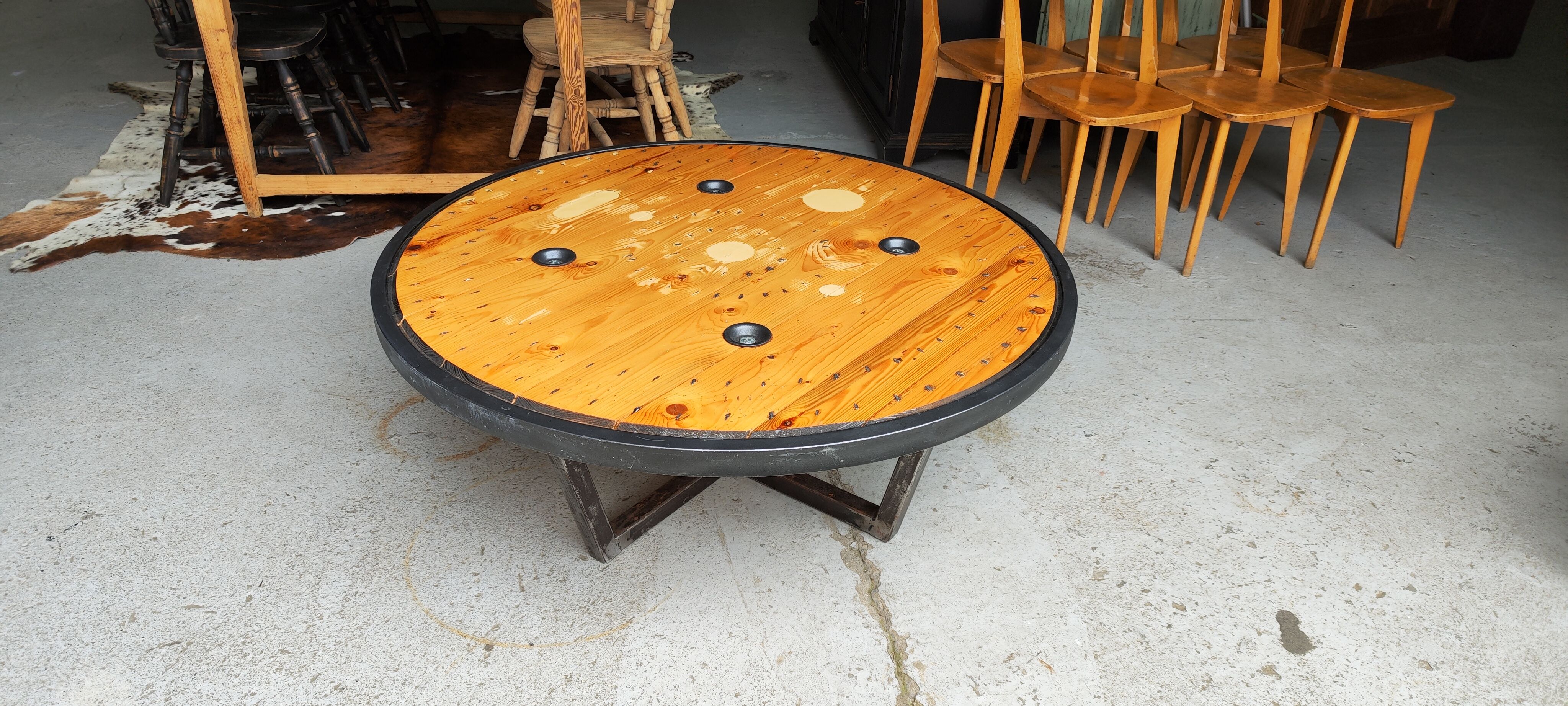Large industrial coffee table metal and wood drum