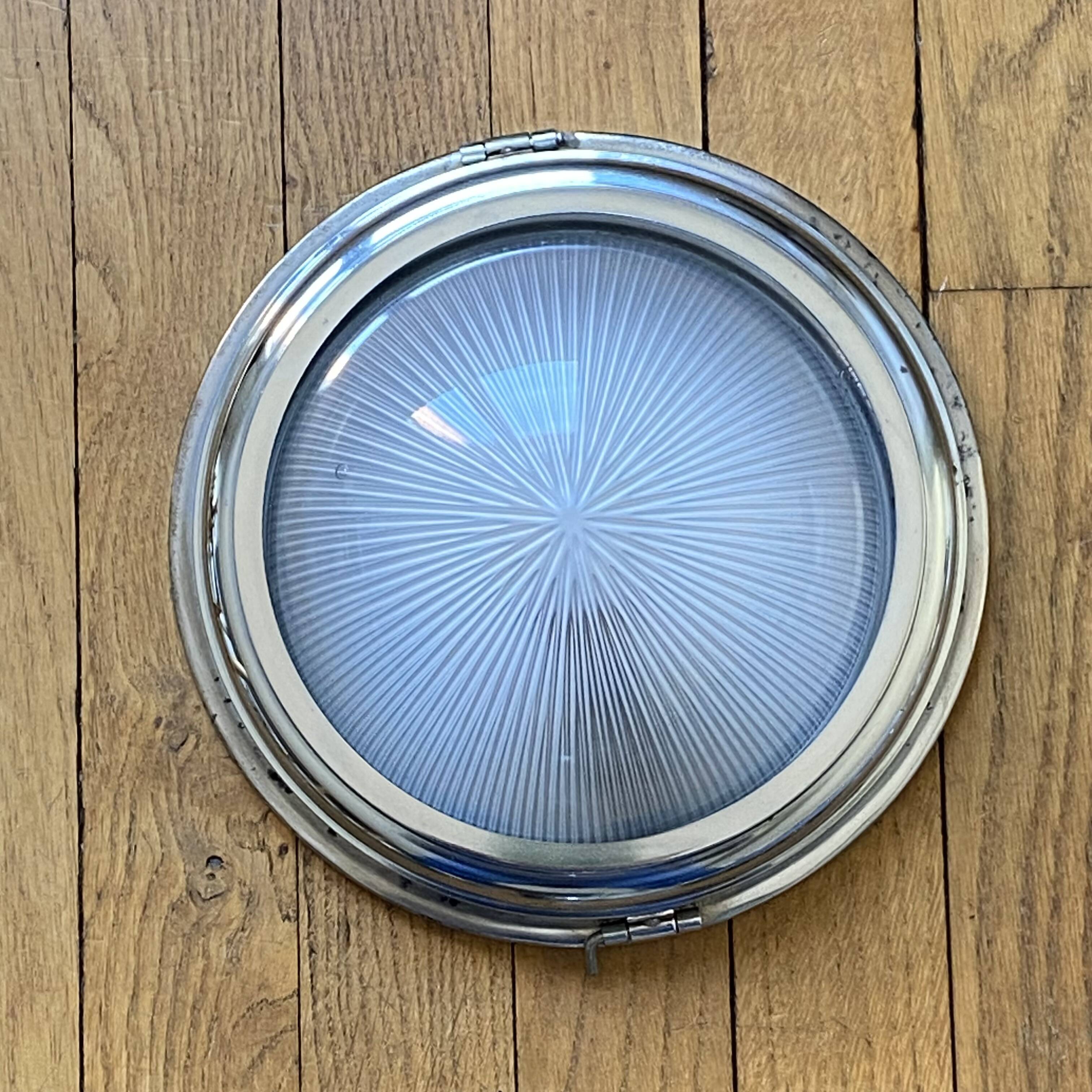 Thick glass ceiling light fixture with a chrome metal support, Holophane type.