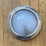 Thick glass ceiling light fixture with a chrome metal support, Holophane type.