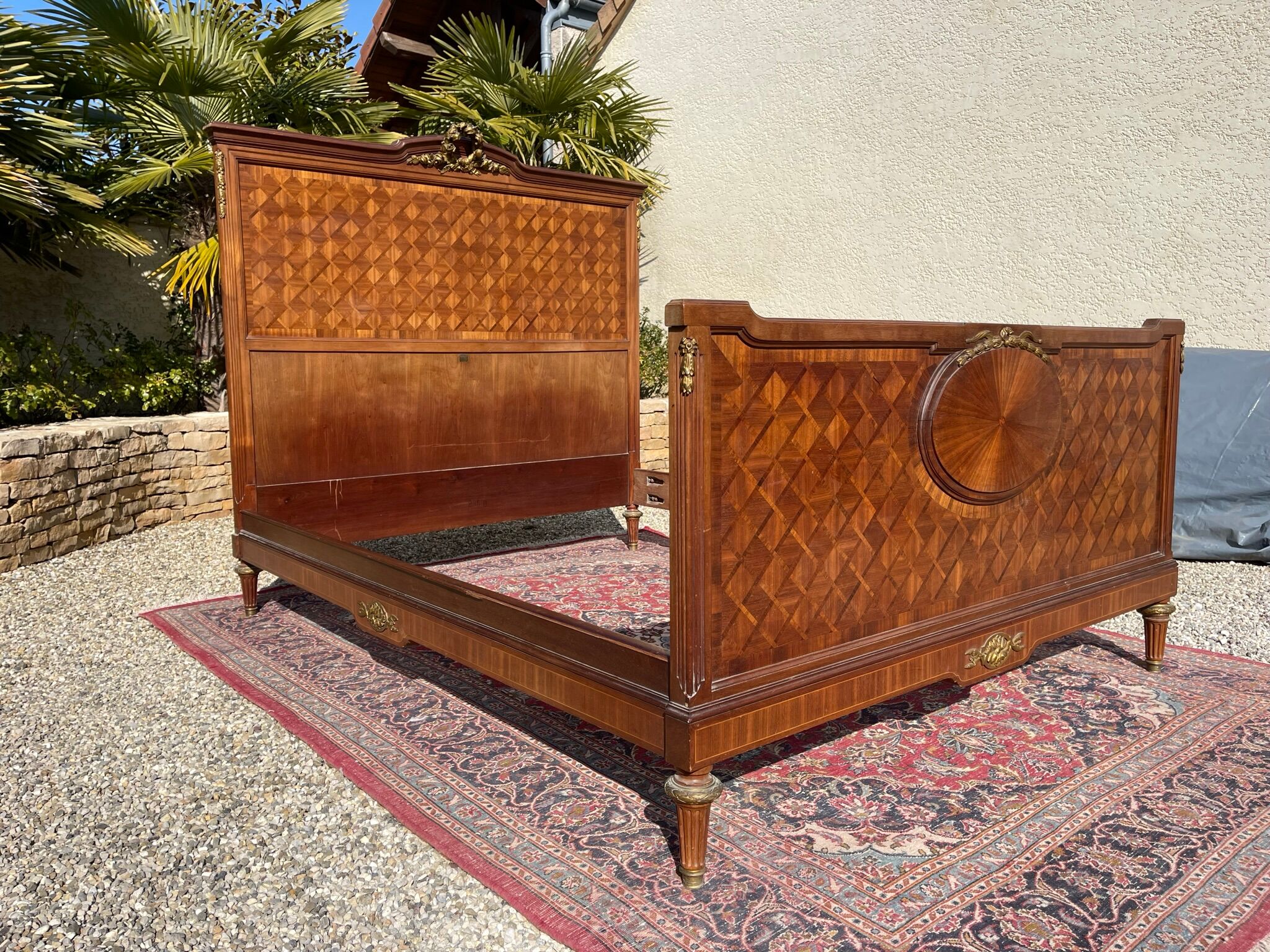 Louis XVI style marquetry & bronze bed and bedside table