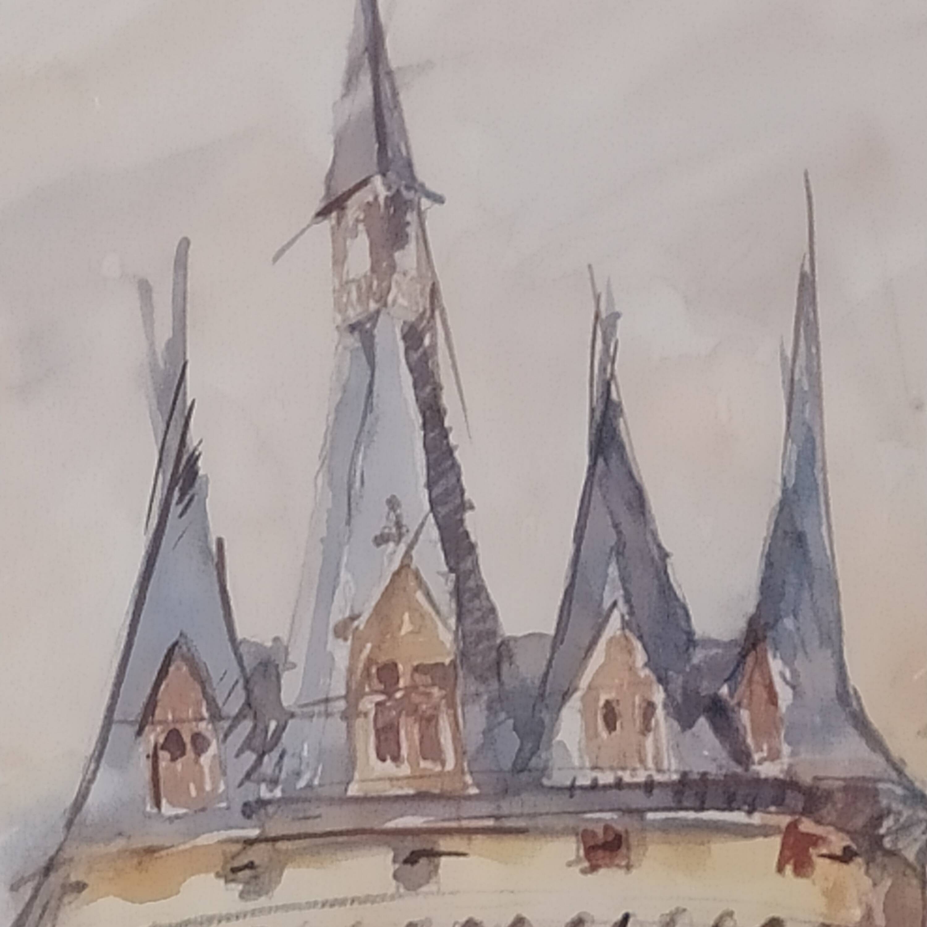 Watercolor "Music Festival at Porte Cailhau" Bordeaux signed Fouquet