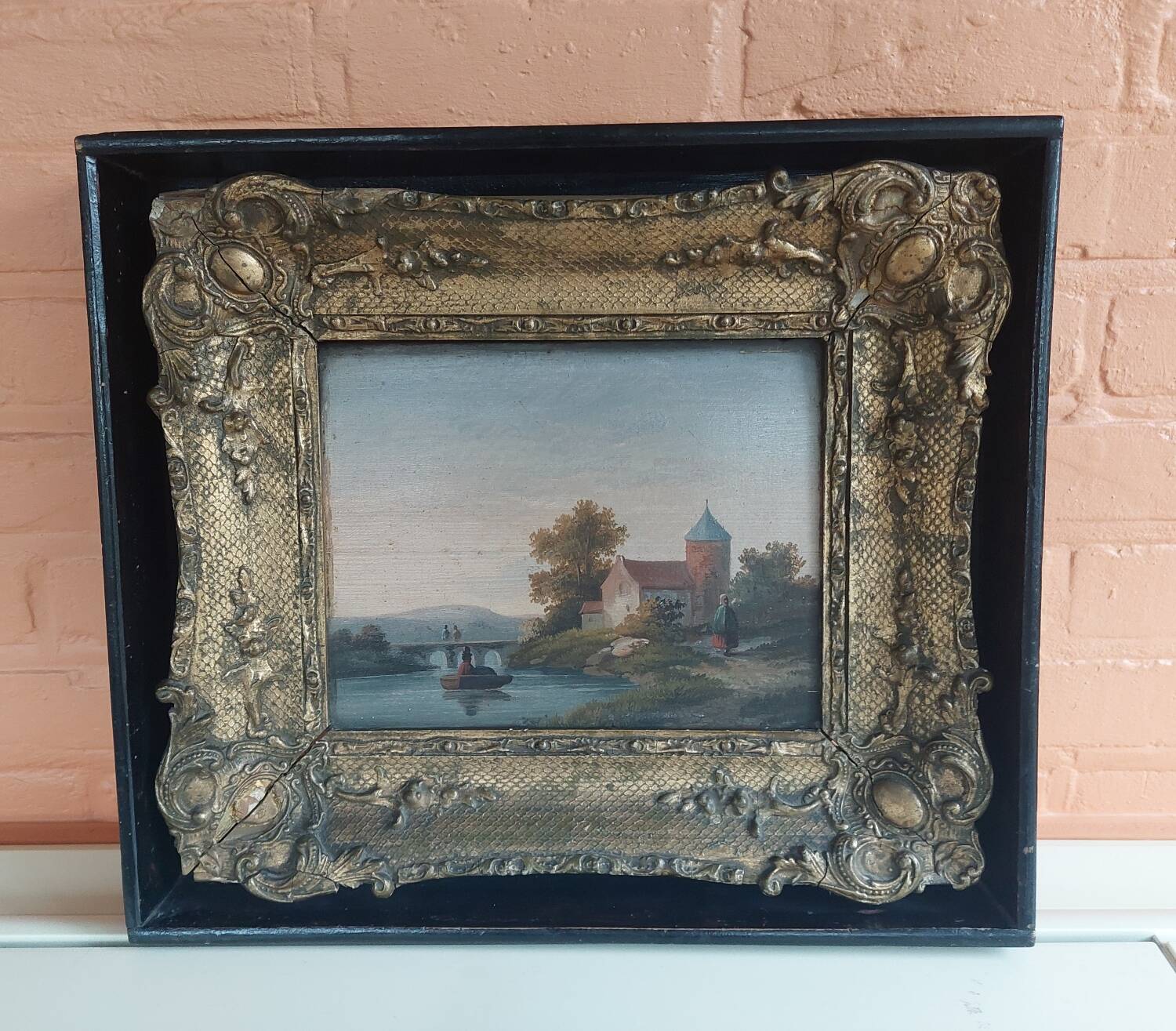 Peinture originale antique.Huile sur bois.