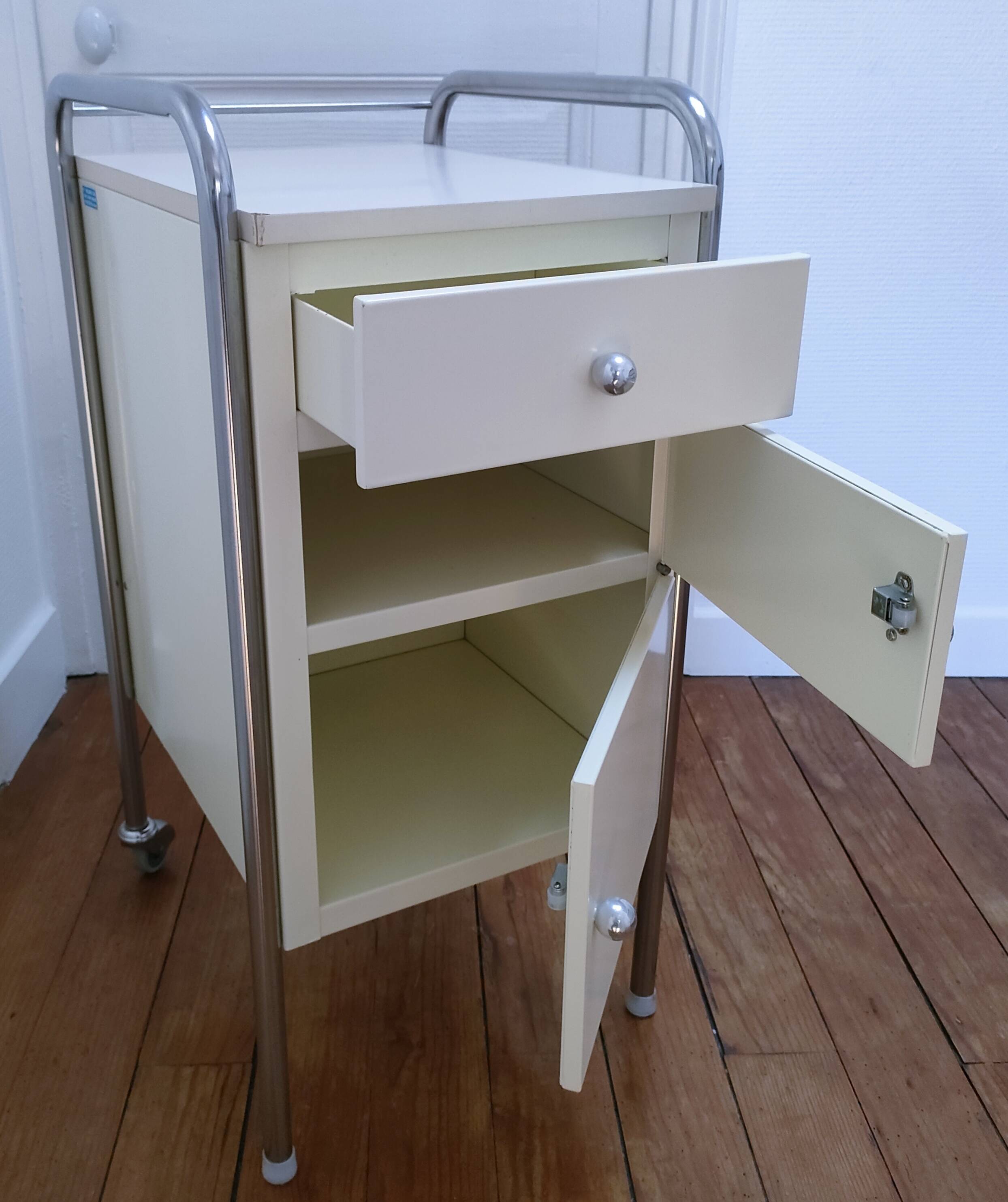bedside table stainless steel lacquered metal 80s design