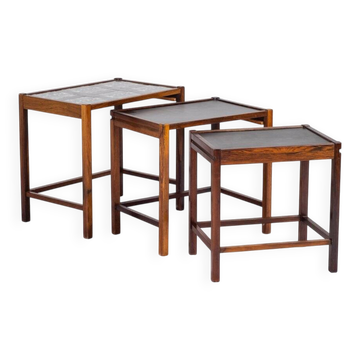 Nest of Tables in Rosewood with Tiles, Denmark, 1960s, Set of 3