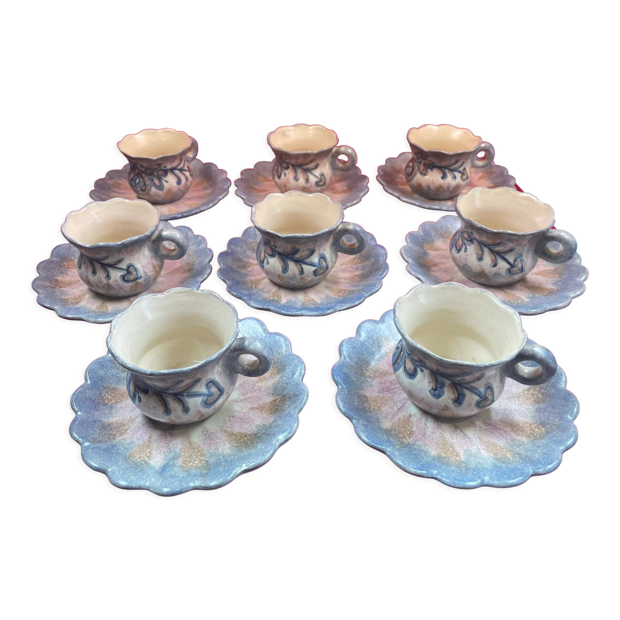 Set of 8 ceramic Quimper cups and under cups