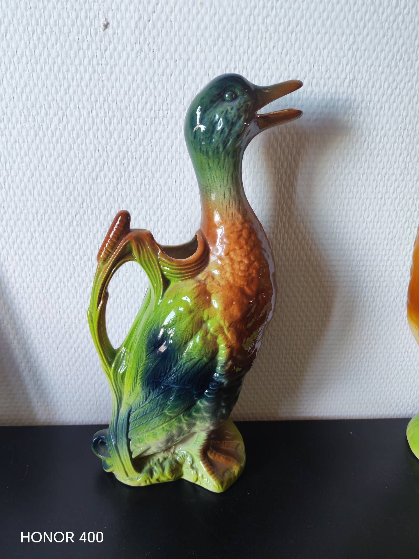 Pair of duck and rooster jugs in St Clément barbotine vintage