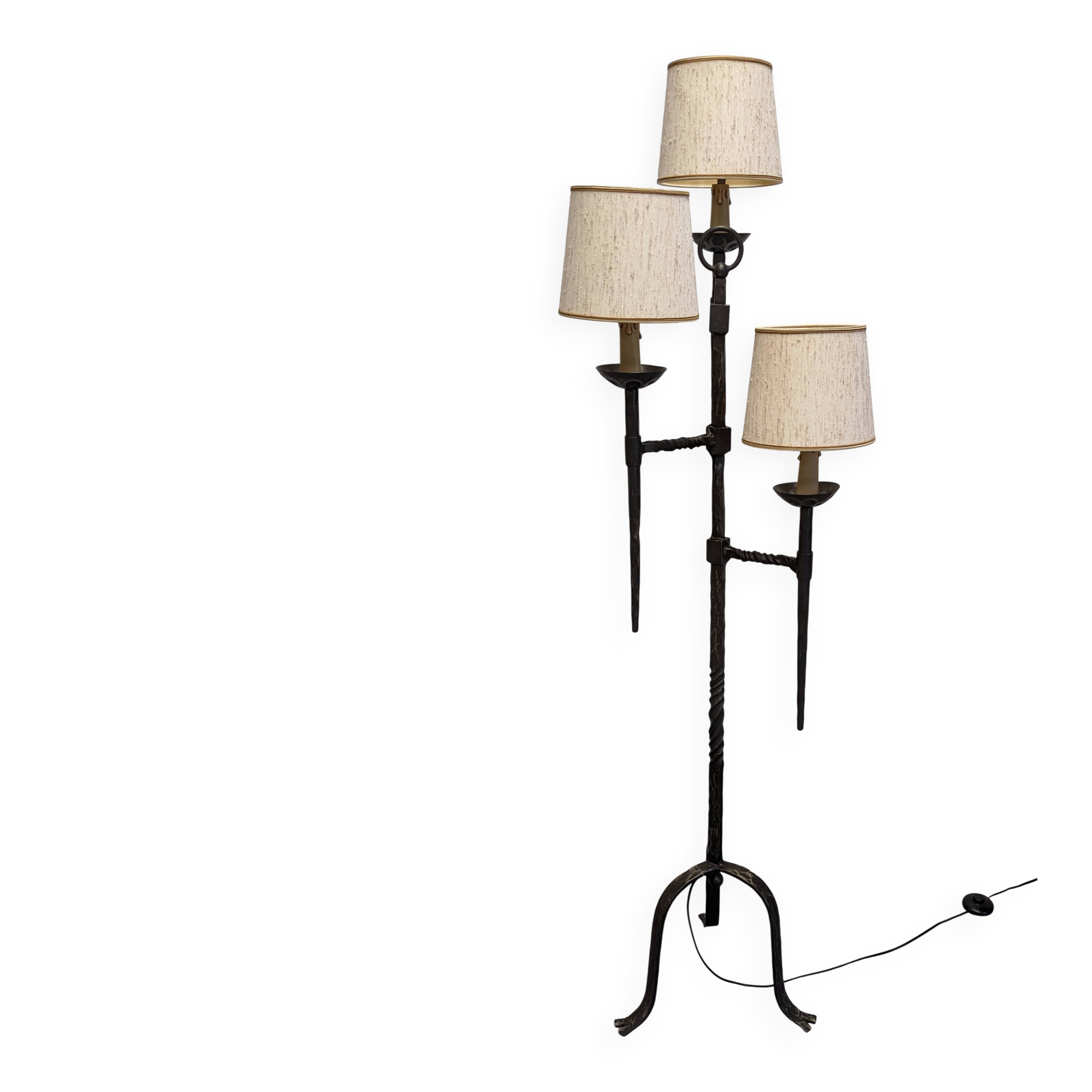 Brutalist tripod floor lamp with 3 lights in wrought iron, France circa 1950.