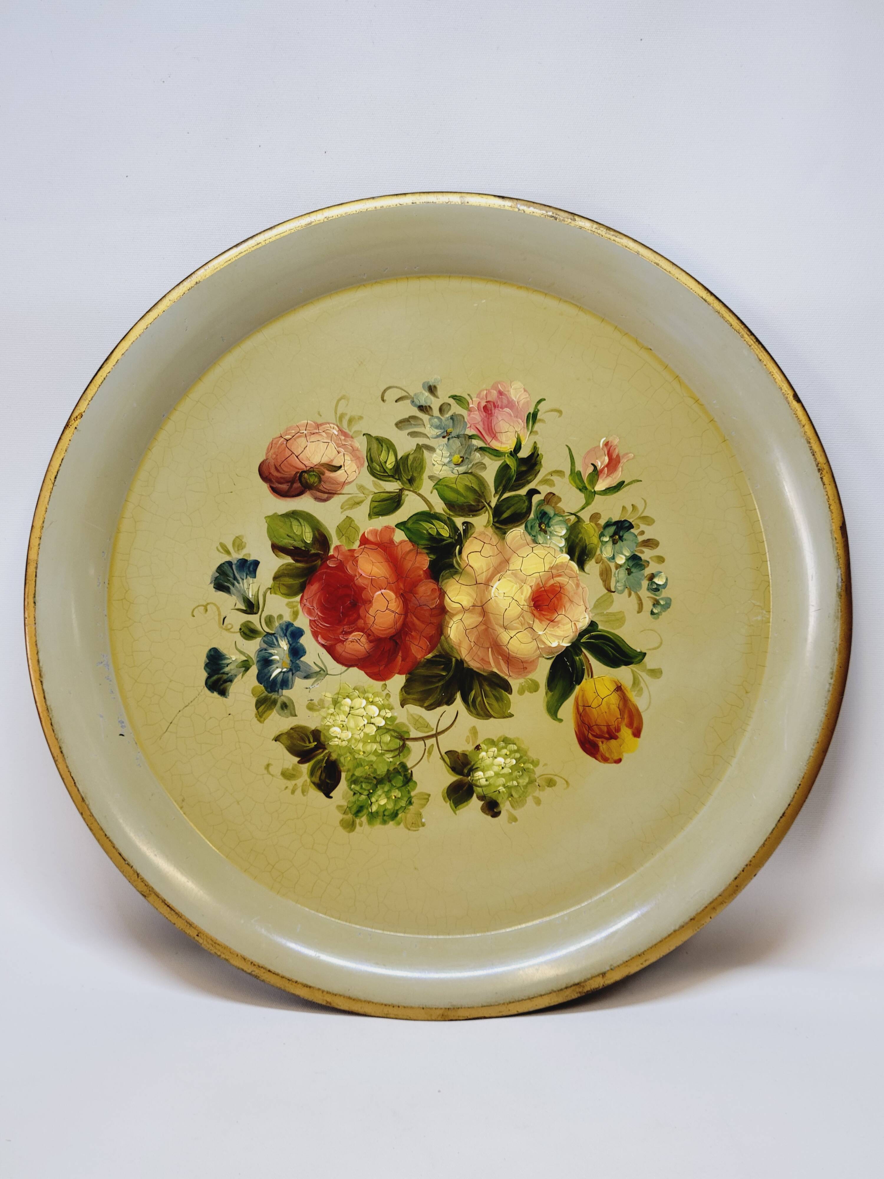 Napoleon III Painted Sheet Metal Tray Painted Metal Floral Decor Diameter 44.5
