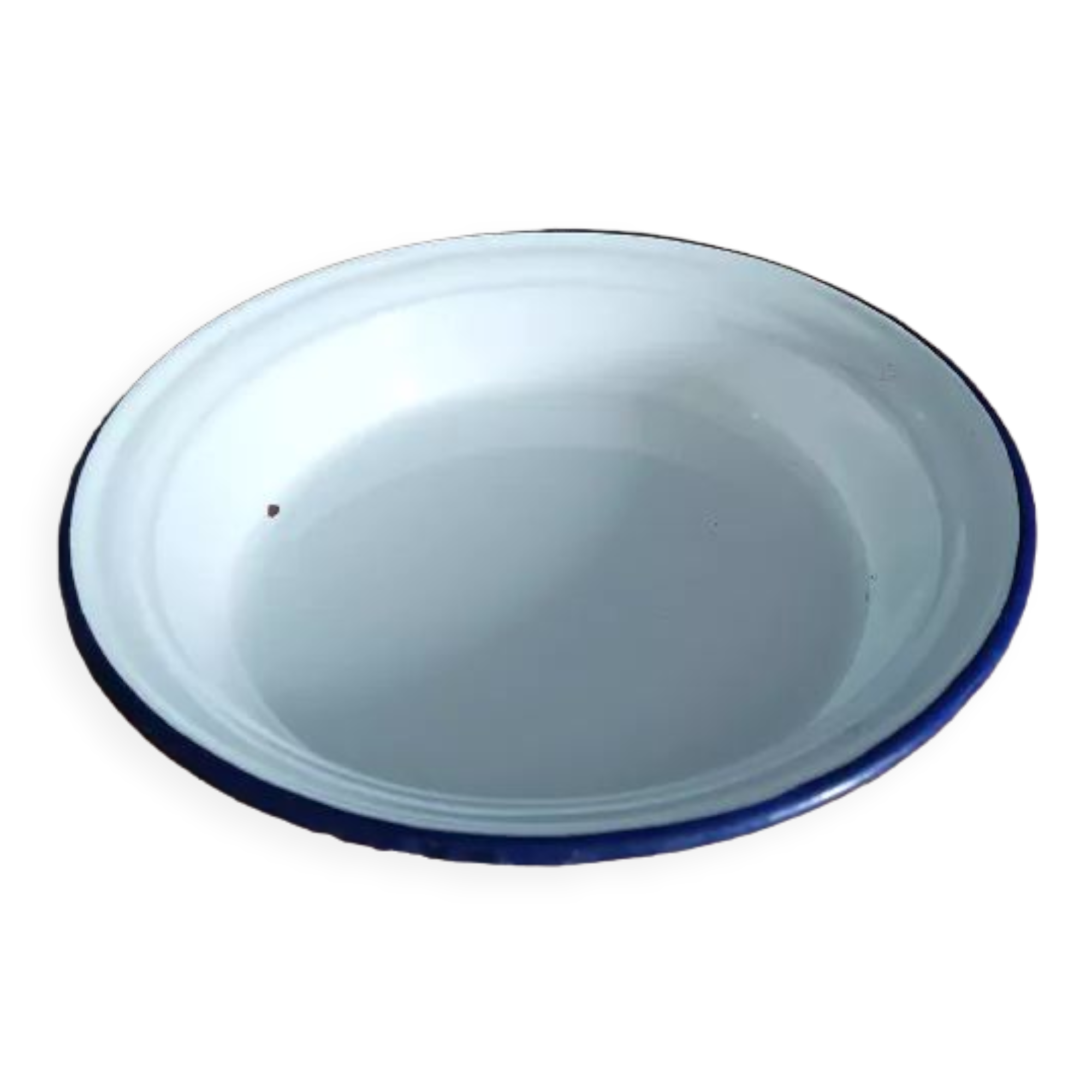 Round metal enamelled dish white edging blue dp 0323154