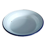 Round metal enamelled dish white edging blue dp 0323154